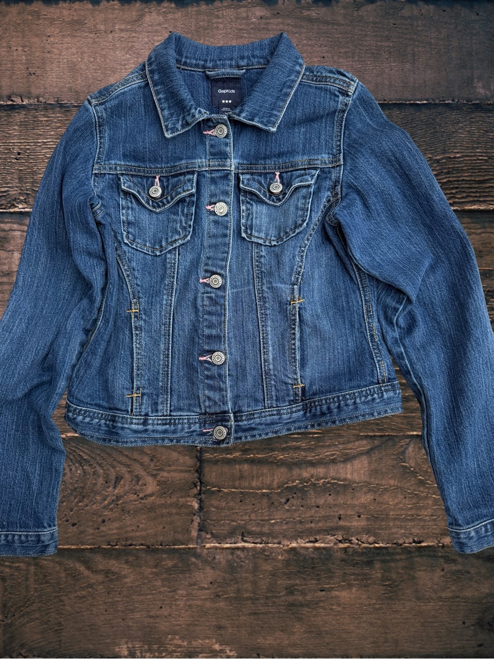GapKids Girls XXL 14-16 Denim Jean Jacket Medium Wash Pink Stitch Button Front